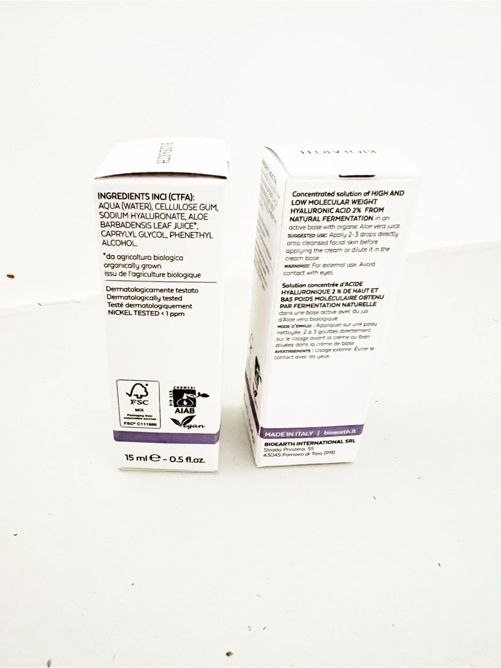 NWT Bioearth Elementa AGE Hyaluronic Acid Solution 2% Set of 2 15ml